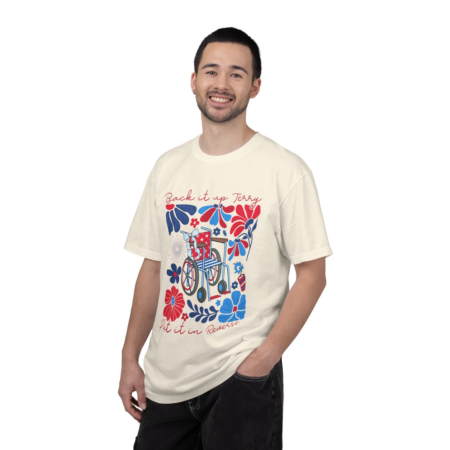 Fourth of July Beach Wheelchair T-Shirt — Patriotic Floral "Pack it up, Jerry" Tee
