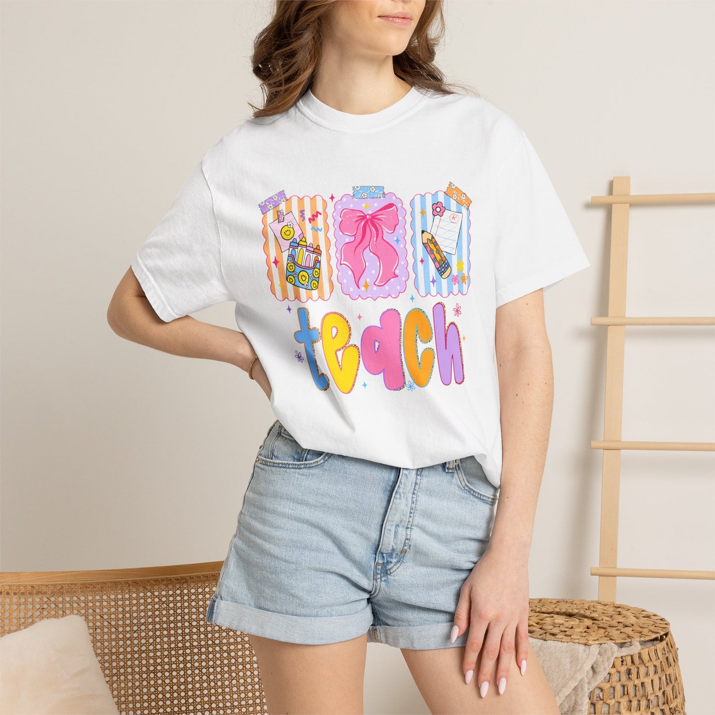 Teacher Gift T‑Shirt — Colorful 'Teach' Classroom Apple & Supplies Design