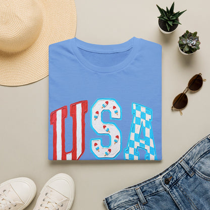 USA Patriotic T-Shirt — Red White & Blue Lettering Tee