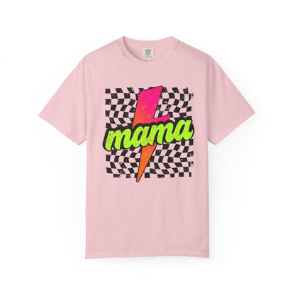 Mama Lightning Bolt T-Shirt — Retro Neon Checkered Graphic Tee for Moms