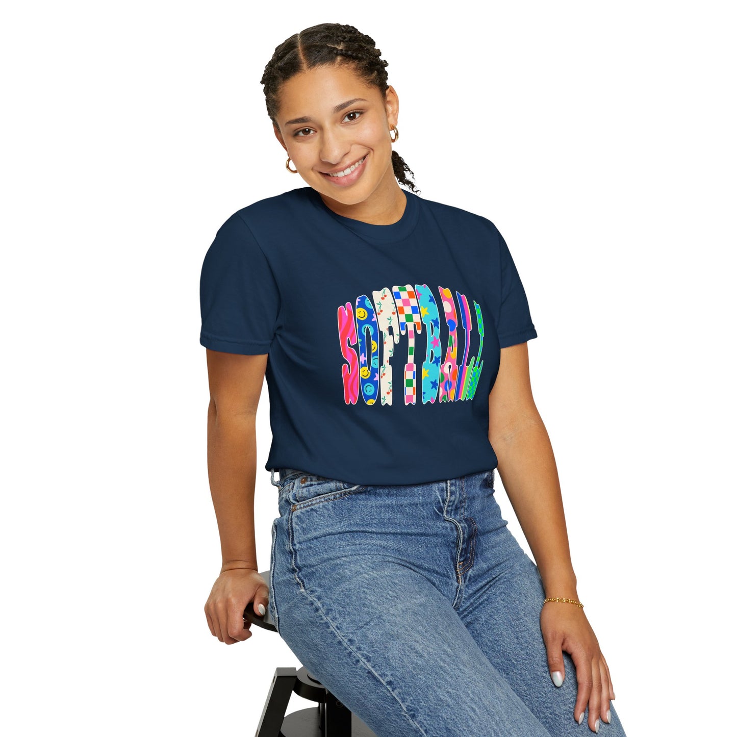 Smile Block Graphic T-Shirt — Colorful Patterned 'SMILE' Design