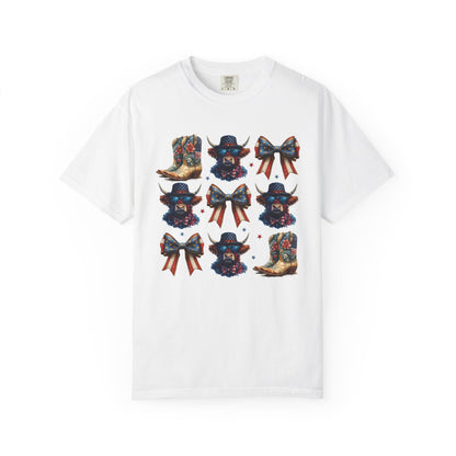 Patriotic Cowboy Icons T-Shirt — Western Boots, Hats & Bows Graphic Tee