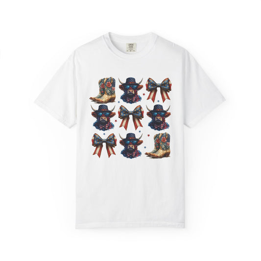 Patriotic Cowboy Icons T-Shirt — Western Boots, Hats & Bows Graphic Tee