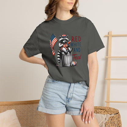T-Shirt — 'Red, White and Feral' Raccoon American Flag Graphic