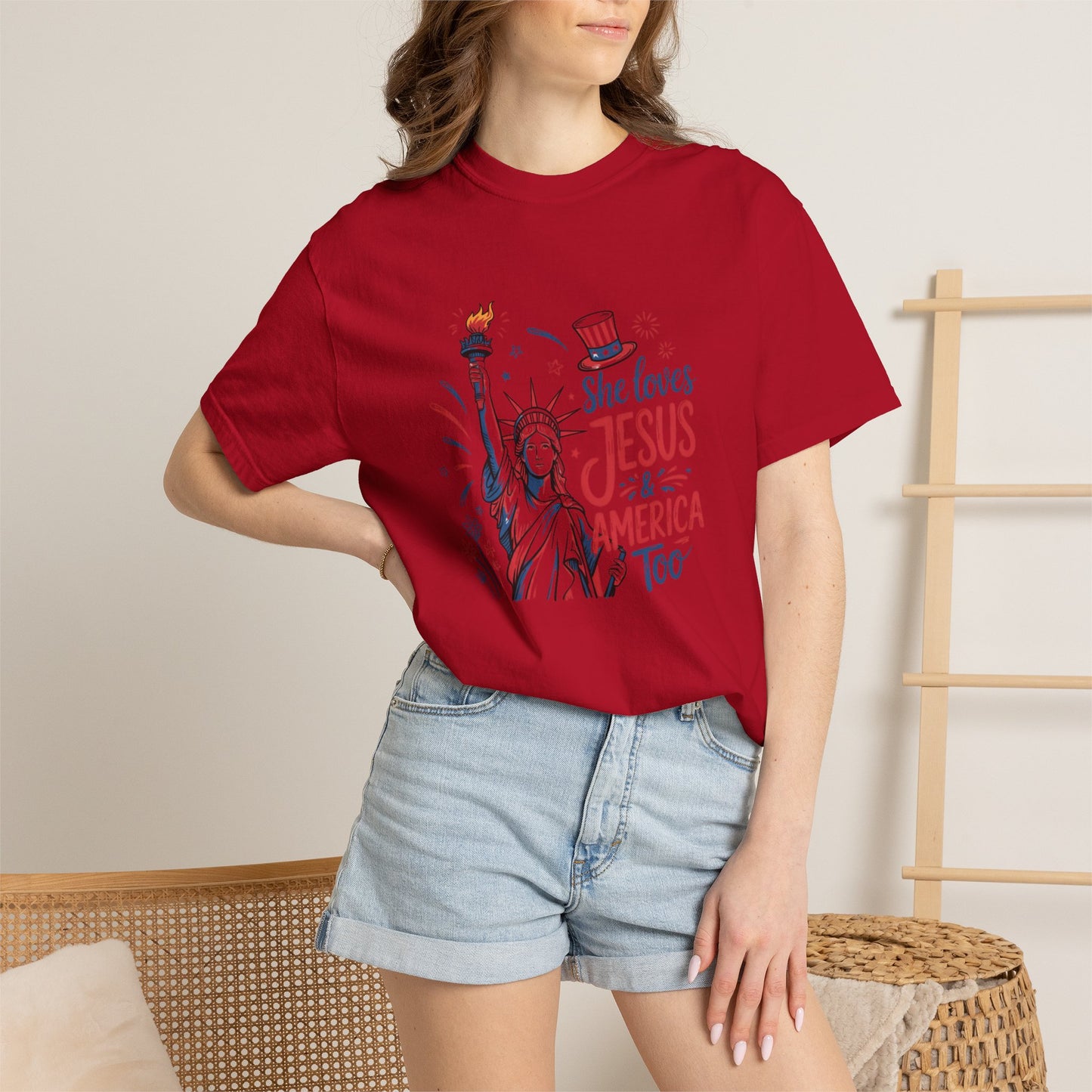 She Loves Jesus & America Tee — Patriotic Statue of Liberty Christian T-Shirt