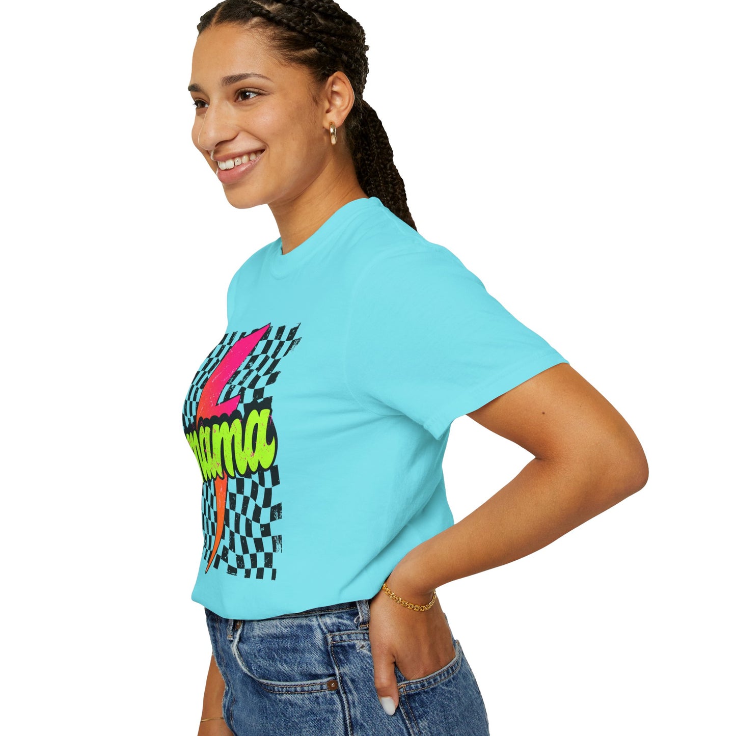 Mama Lightning Bolt T-Shirt — Retro Neon Checkered Graphic Tee for Moms