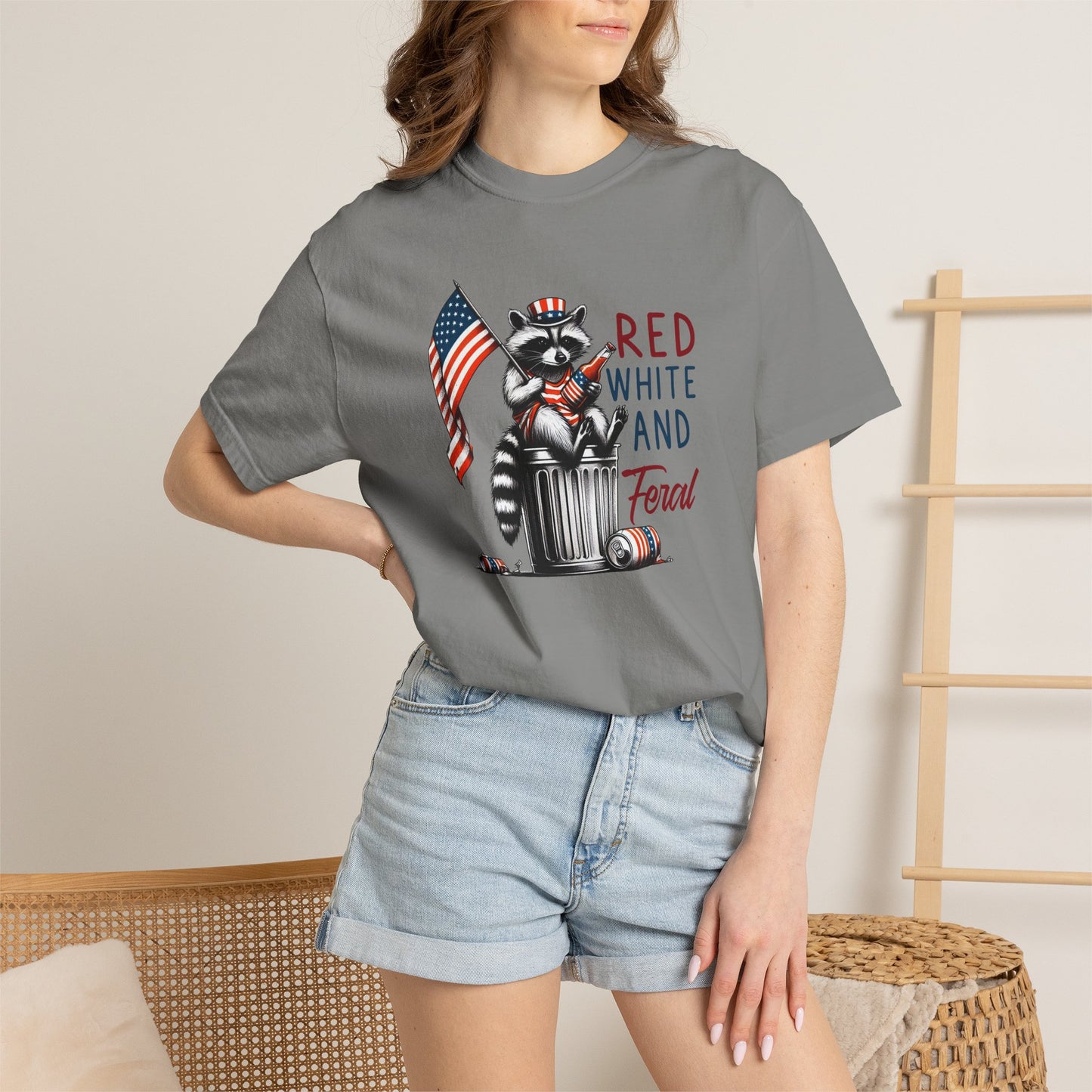 T-Shirt — 'Red, White and Feral' Raccoon American Flag Graphic