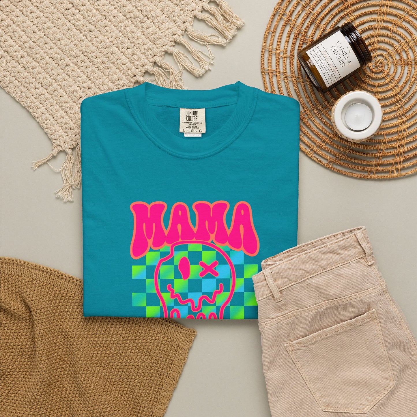 Mama Meltdown Graphic T-Shirt — Neon Checkerboard Drip Design