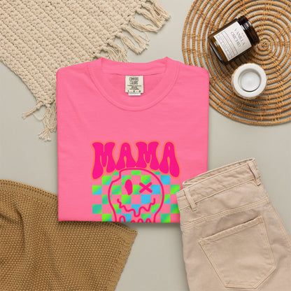 Mama Meltdown Graphic T-Shirt — Neon Checkerboard Drip Design