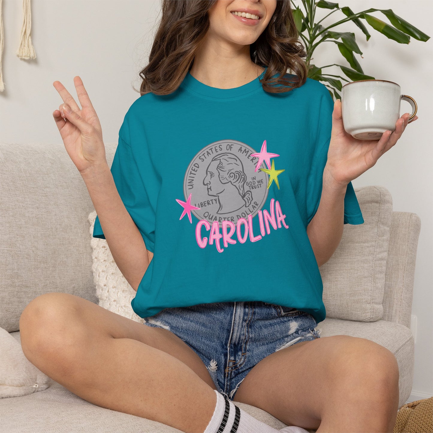 California Coin Graphic Tee — 'California' Retro Neon Stars T-Shirt