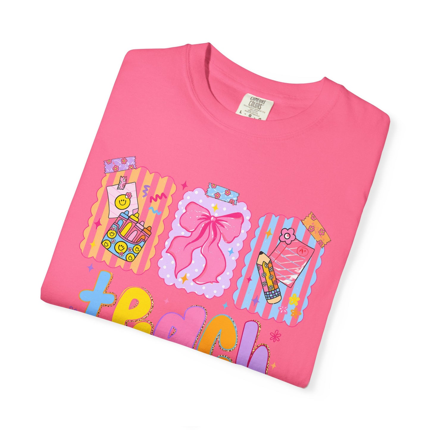 Teacher Gift T‑Shirt — Colorful 'Teach' Classroom Apple & Supplies Design