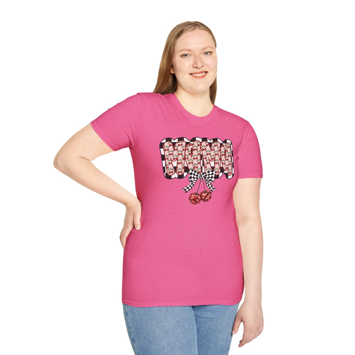 Cherry Pattern Graphic T-Shirt — Checker Bow & Double Cherries Design