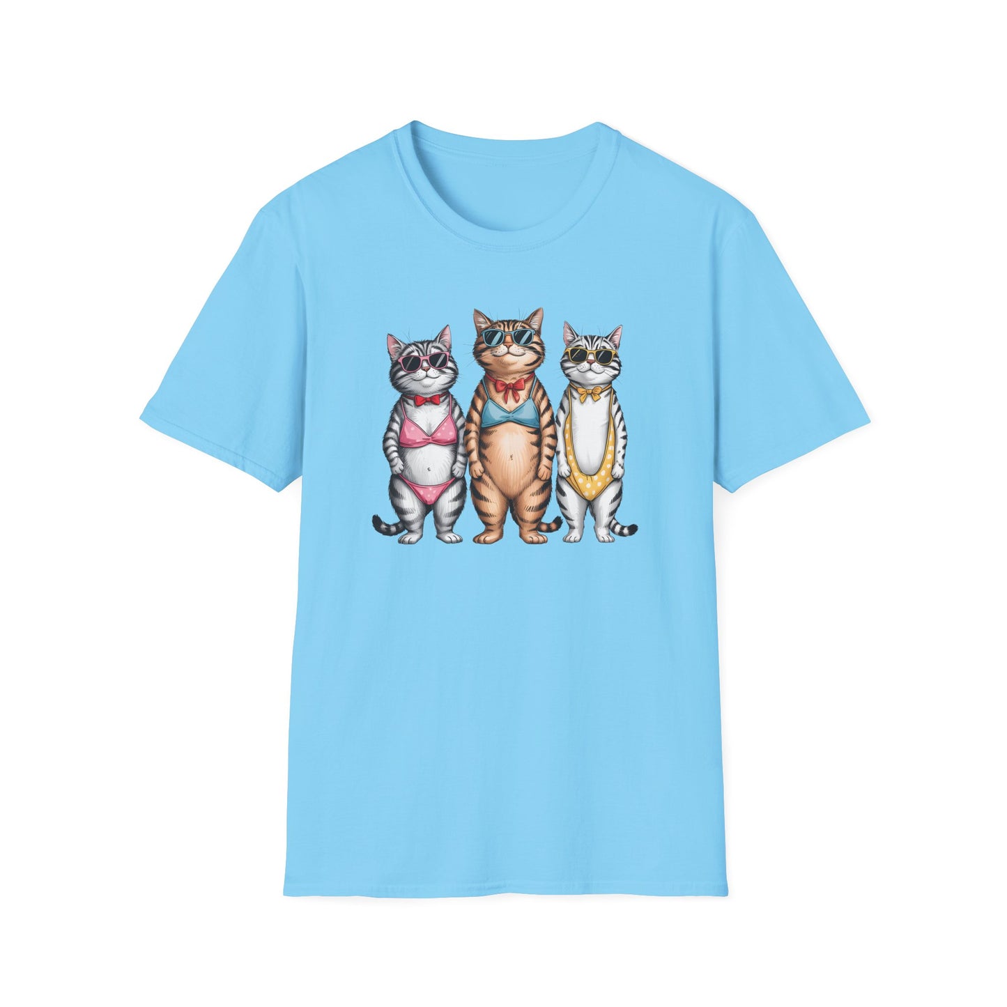 Funny Cats in Bathing Suits T-Shirt — Retro Trio Cat Beach Tee