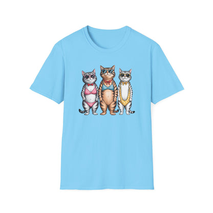 Funny Cats in Bathing Suits T-Shirt — Retro Trio Cat Beach Tee