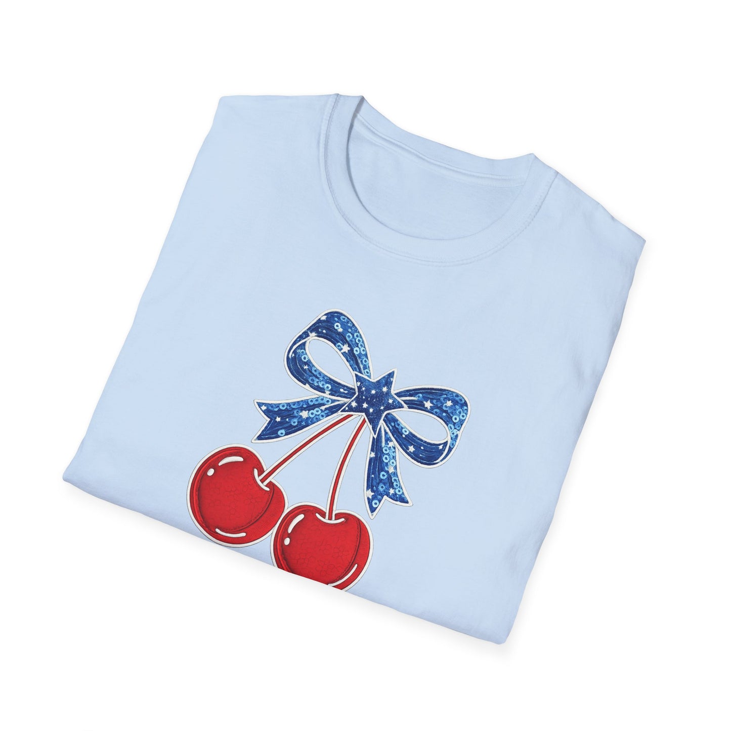Cherry Graphic T-Shirt — Vintage Red Cherries with Blue Bow