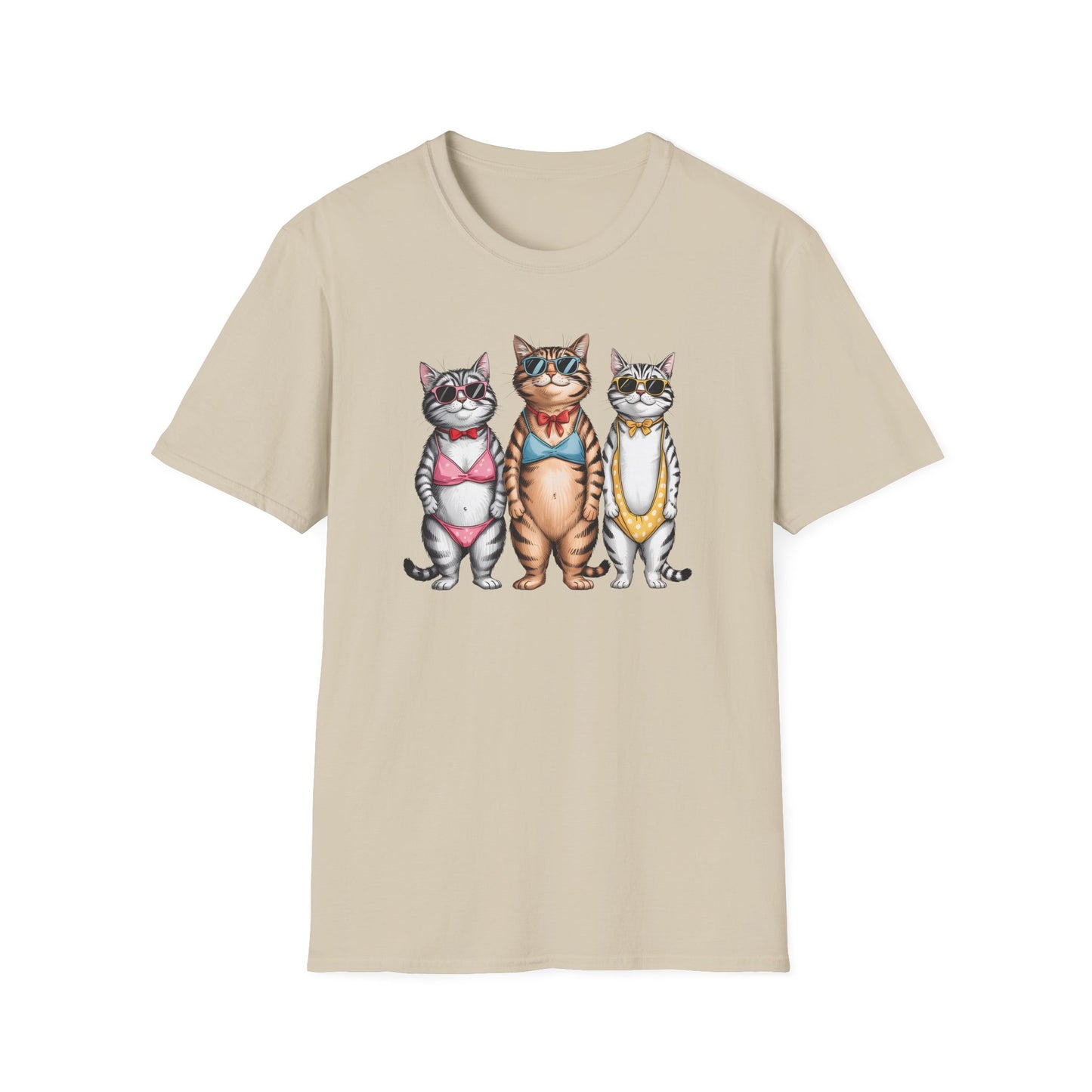 Funny Cats in Bathing Suits T-Shirt — Retro Trio Cat Beach Tee