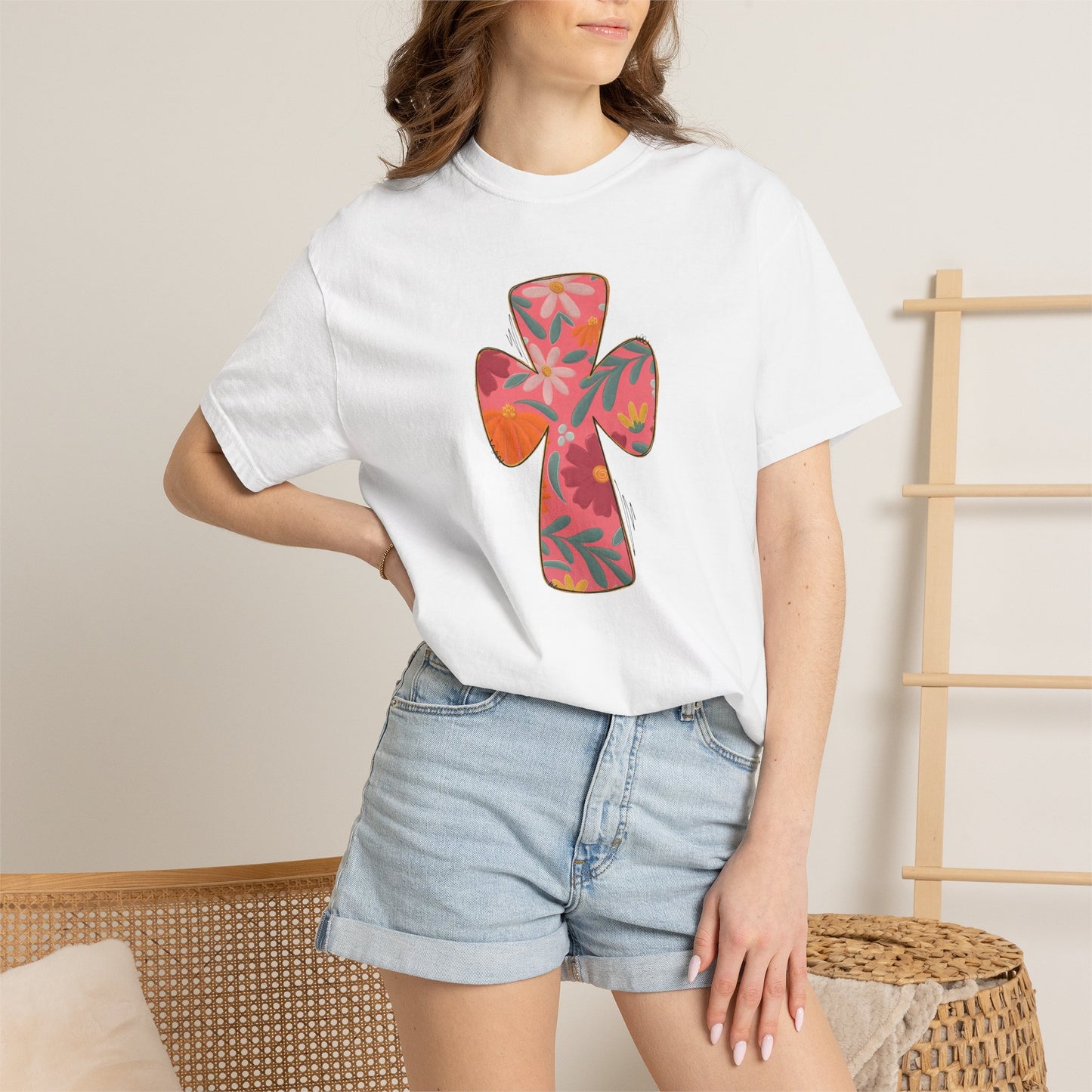 Floral Cross T-Shirt — Tropical Flower Graphic Tee