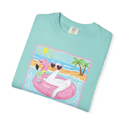 Summer Flamingo Pool Float T-Shirt – ‘Good Vibes & Sunshine’ Beach Tee