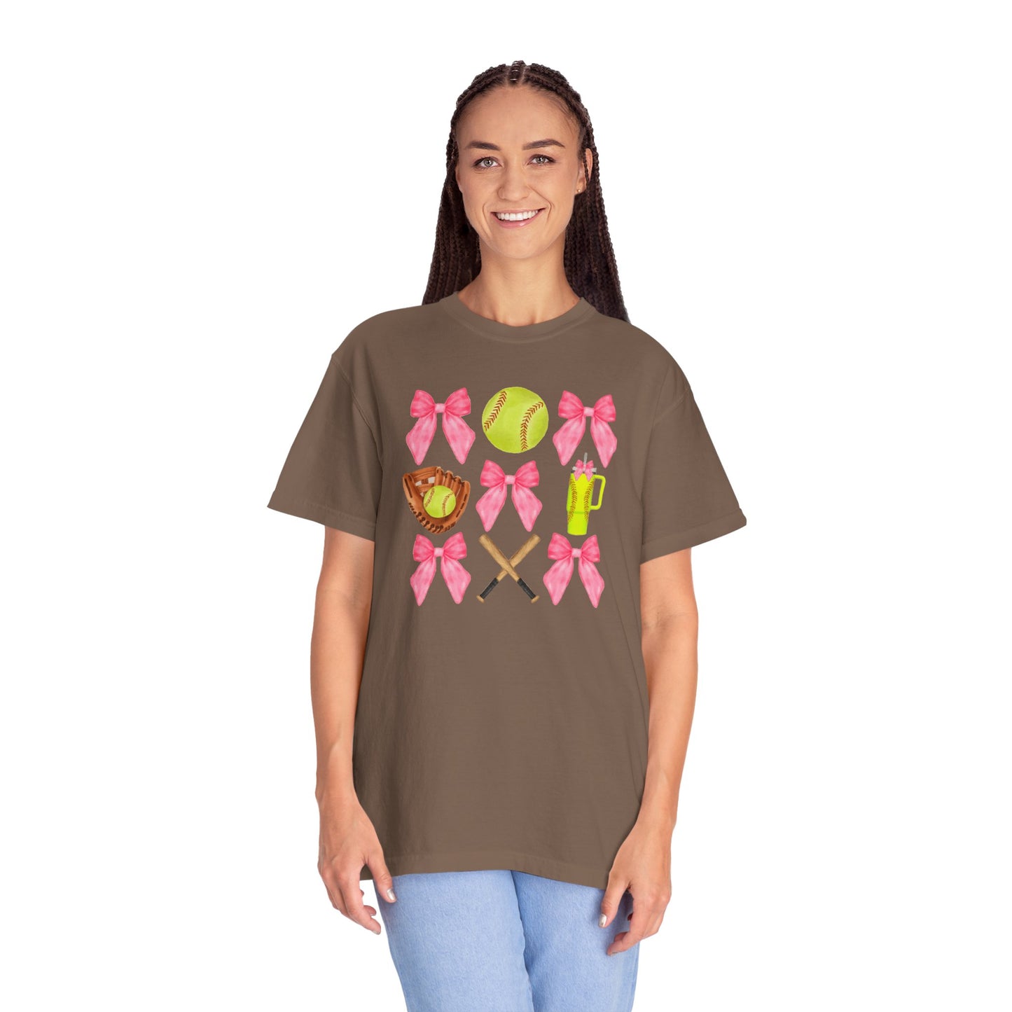 Softball Mom Graphic T‑Shirt — Pink Bows, Glove & Bat Design
