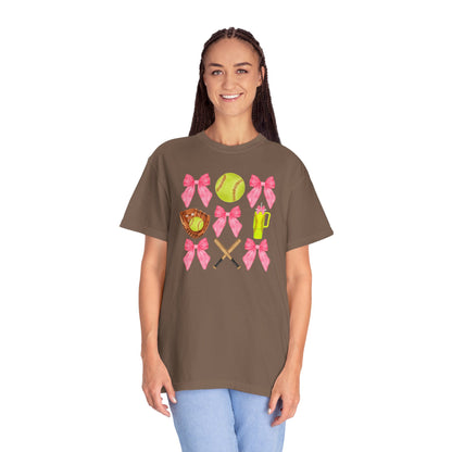 Softball Mom Graphic T‑Shirt — Pink Bows, Glove & Bat Design
