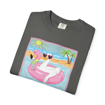 Summer Flamingo Pool Float T-Shirt – ‘Good Vibes & Sunshine’ Beach Tee