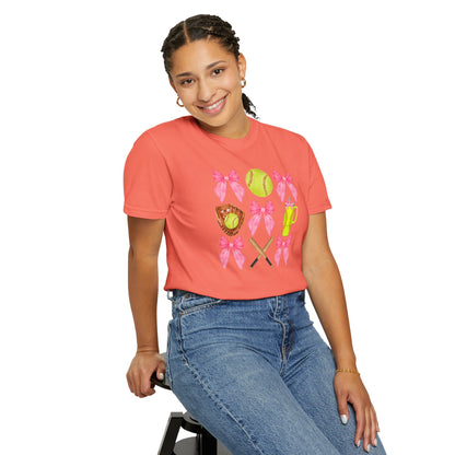 Softball Mom Graphic T‑Shirt — Pink Bows, Glove & Bat Design