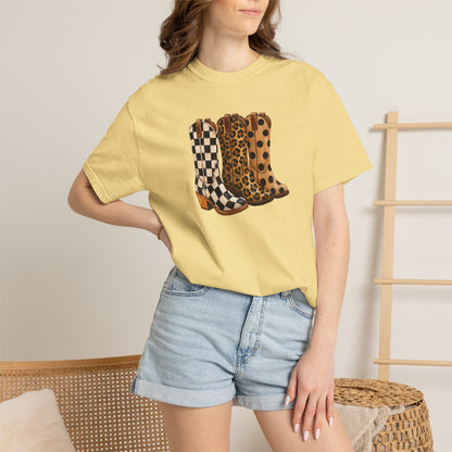 Cowgirl Boots Graphic T-Shirt — Checker & Leopard Print Western Tee