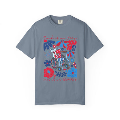 Fourth of July Beach Wheelchair T-Shirt — Patriotic Floral "Pack it up, Jerry" Tee