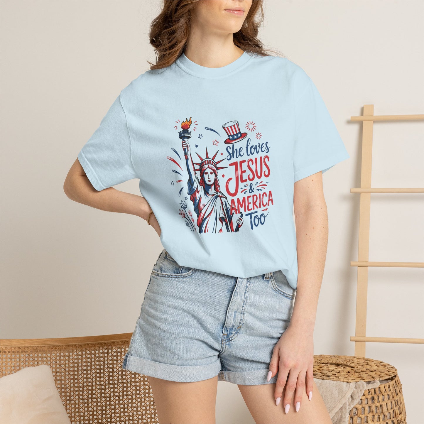 She Loves Jesus & America Tee — Patriotic Statue of Liberty Christian T-Shirt