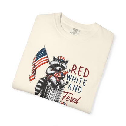 T-Shirt — 'Red, White and Feral' Raccoon American Flag Graphic