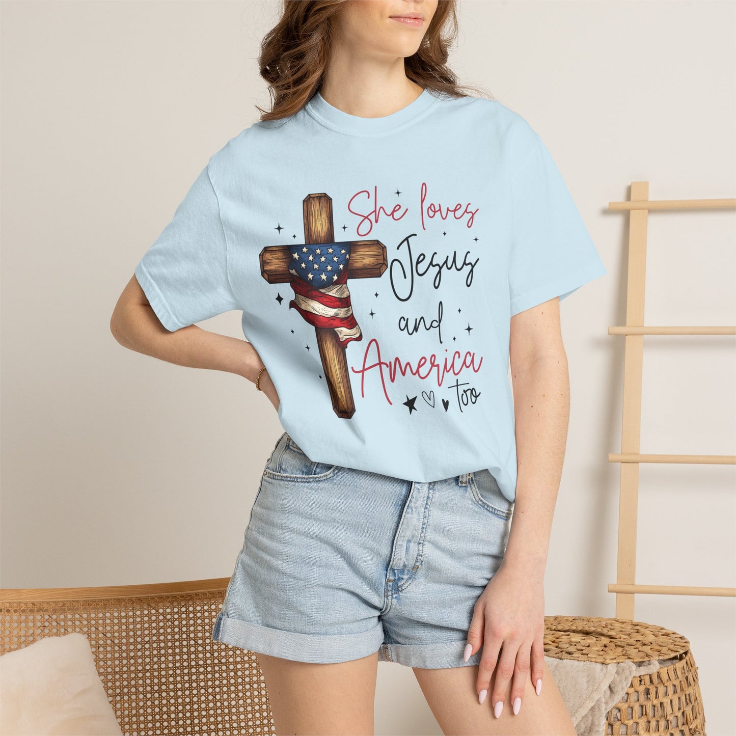 T-Shirt — "She Loves Jesus and America Too" Cross & Flag Faith Patriotic Tee