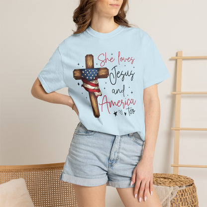 T-Shirt — "She Loves Jesus and America Too" Cross & Flag Faith Patriotic Tee