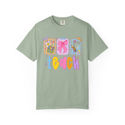 Teacher Gift T‑Shirt — Colorful 'Teach' Classroom Apple & Supplies Design