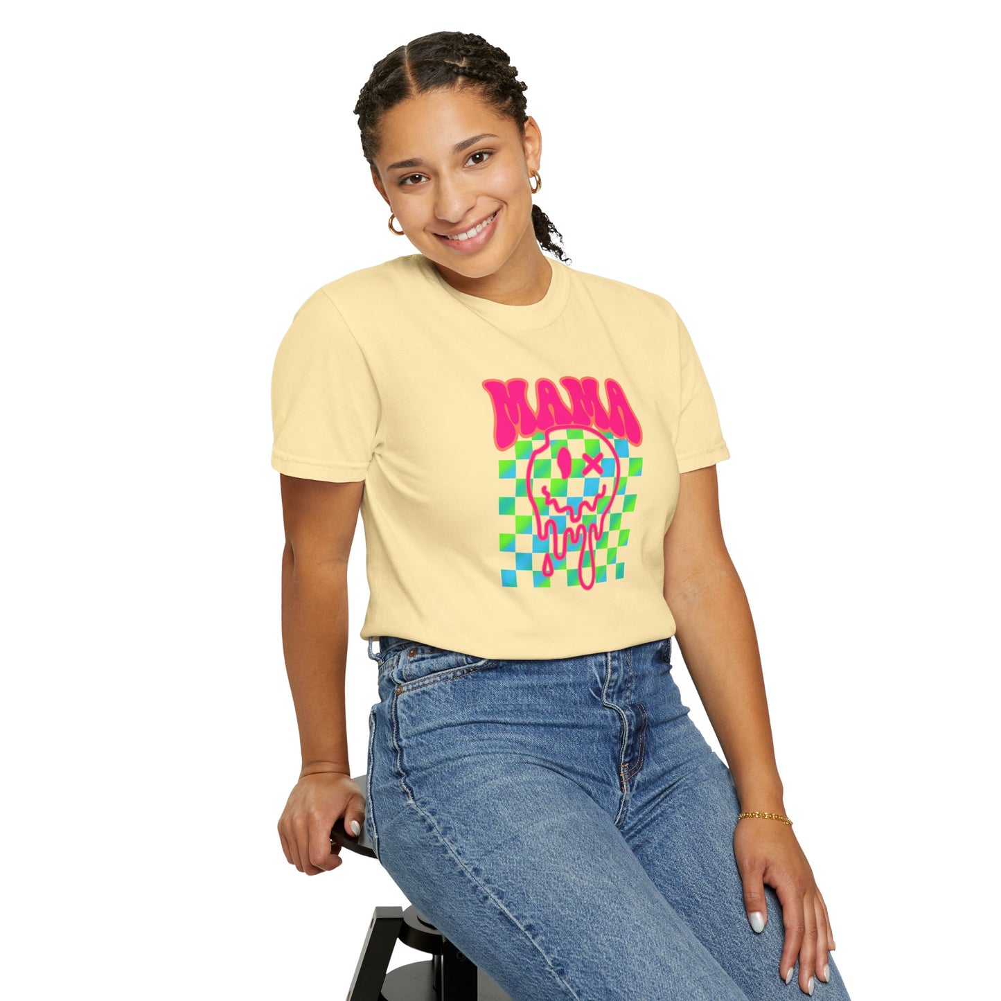 Mama Meltdown Graphic T-Shirt — Neon Checkerboard Drip Design