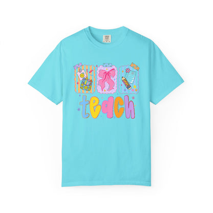 Teacher Gift T‑Shirt — Colorful 'Teach' Classroom Apple & Supplies Design