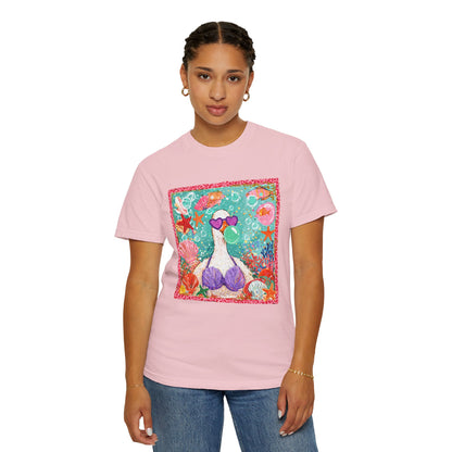 Sea Duck Mermaid T-Shirt — Whimsical Beach Graphic Tee with Sunglasses & Shell Bra