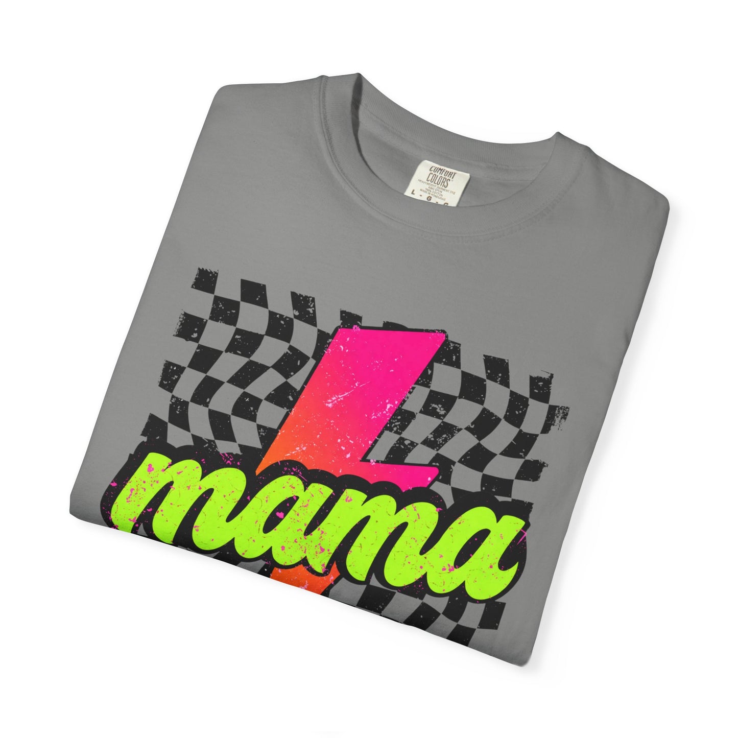 Mama Lightning Bolt T-Shirt — Retro Neon Checkered Graphic Tee for Moms