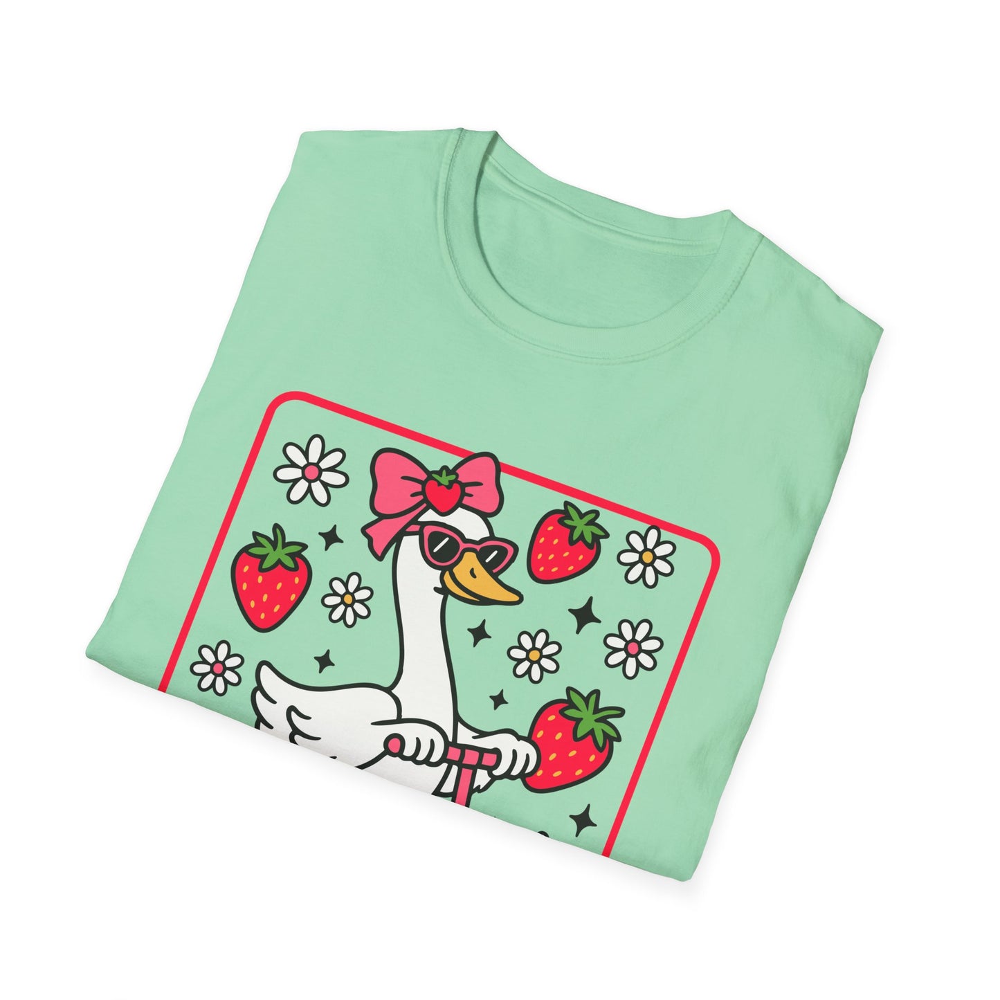 Cute Goose on Scooter T‑Shirt — Strawberry & Bow Graphic Tee