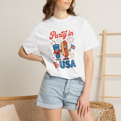 Party in the USA T-Shirt — Patriotic Hot Dog & Soda 4th of July Tee