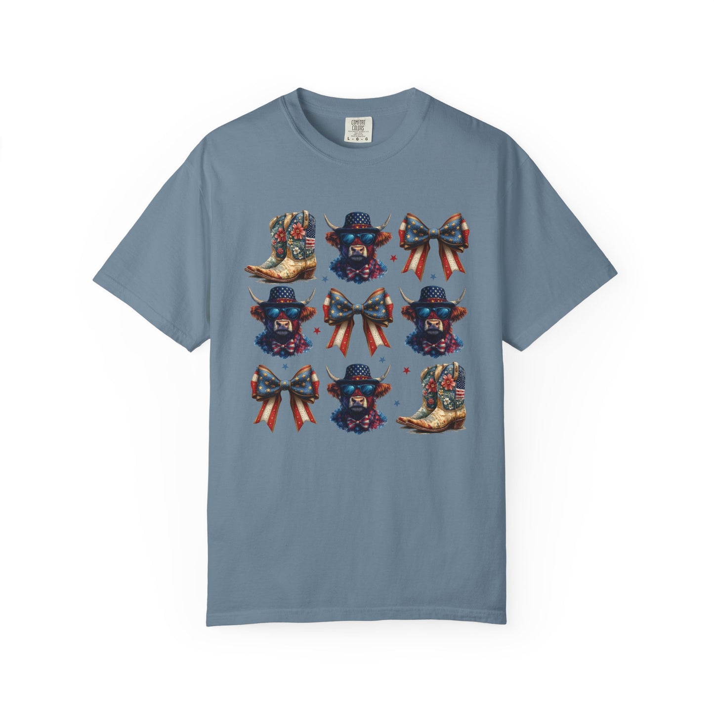 Patriotic Cowboy Icons T-Shirt — Western Boots, Hats & Bows Graphic Tee