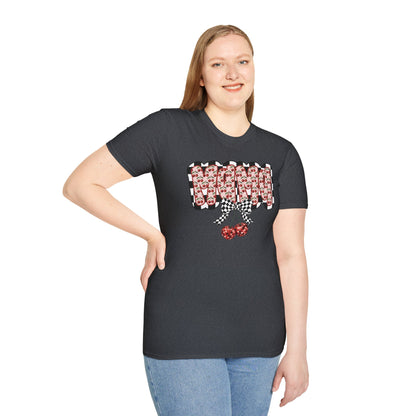 Cherry Pattern Graphic T-Shirt — Checker Bow & Double Cherries Design