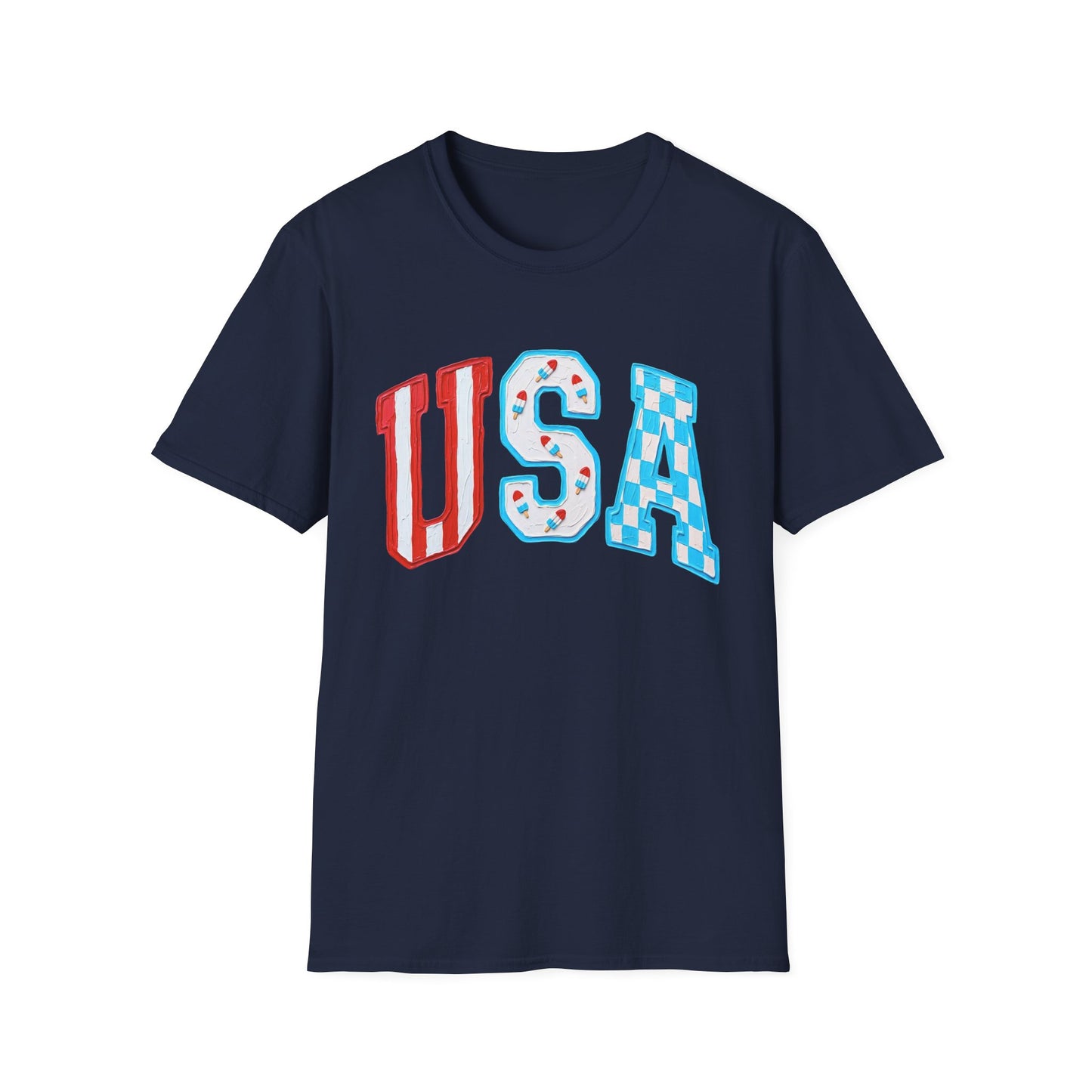 USA Patriotic T-Shirt — Red White & Blue Lettering Tee