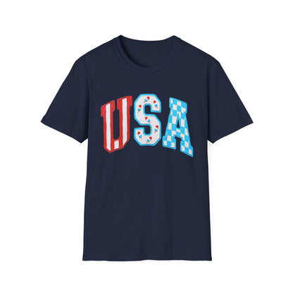 USA Patriotic T-Shirt — Red White & Blue Lettering Tee