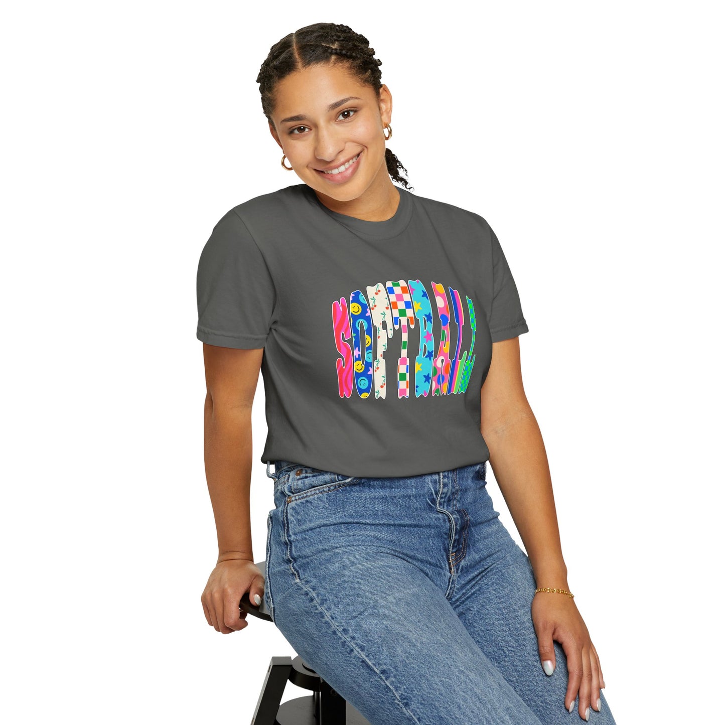 Smile Block Graphic T-Shirt — Colorful Patterned 'SMILE' Design