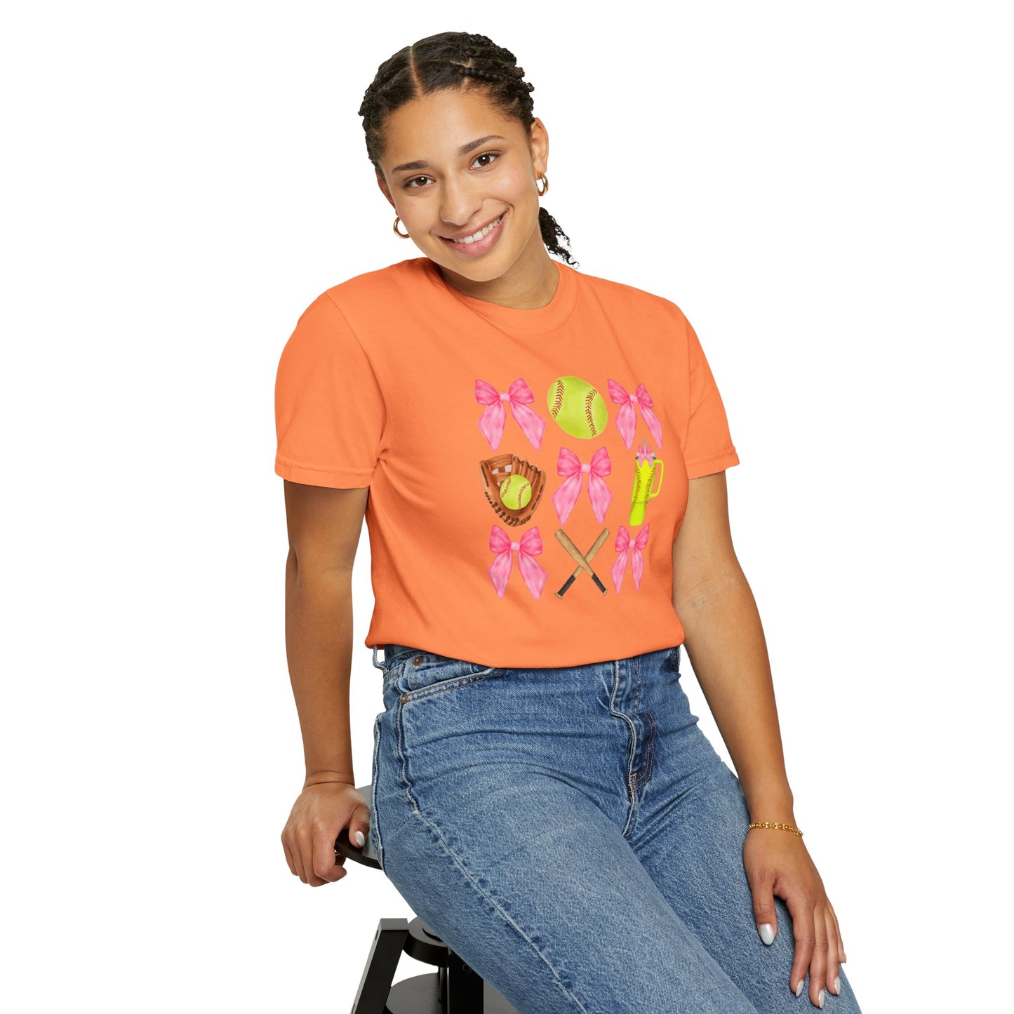 Softball Mom Graphic T‑Shirt — Pink Bows, Glove & Bat Design