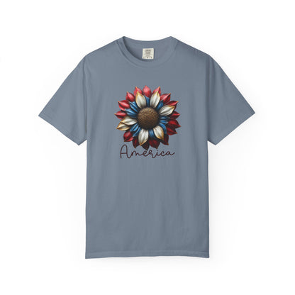 America Sunflower T-Shirt — Patriotic Red White Blue Floral Tee