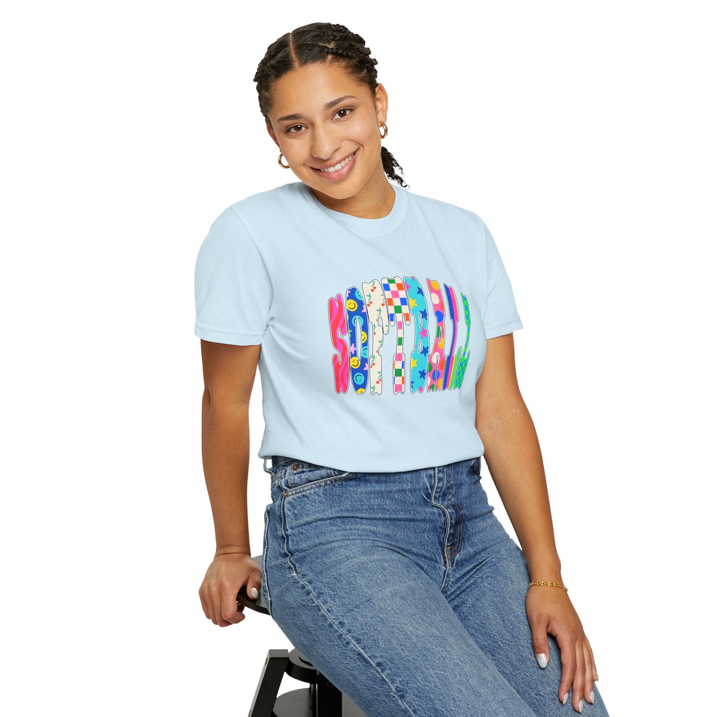 Smile Block Graphic T-Shirt — Colorful Patterned 'SMILE' Design