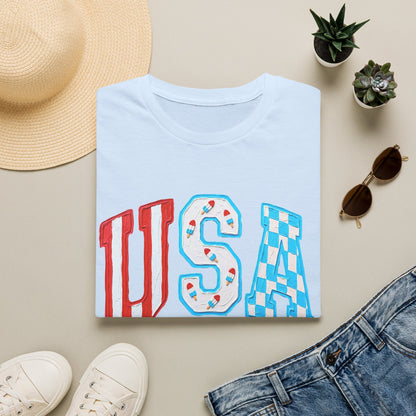 USA Patriotic T-Shirt — Red White & Blue Lettering Tee