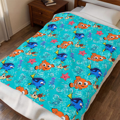 Kids' Ocean Friends Velveteen Plush Blanket – Nemo & Dory Sea Creatures Throw for Toddlers