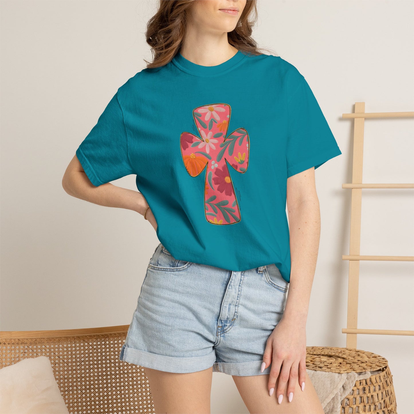 Floral Cross T-Shirt — Tropical Flower Graphic Tee